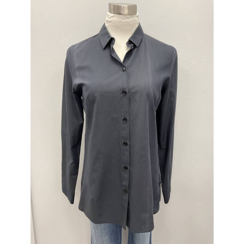 NEW PETER O. MAHLER navy microstripe cotton blouse in navy
